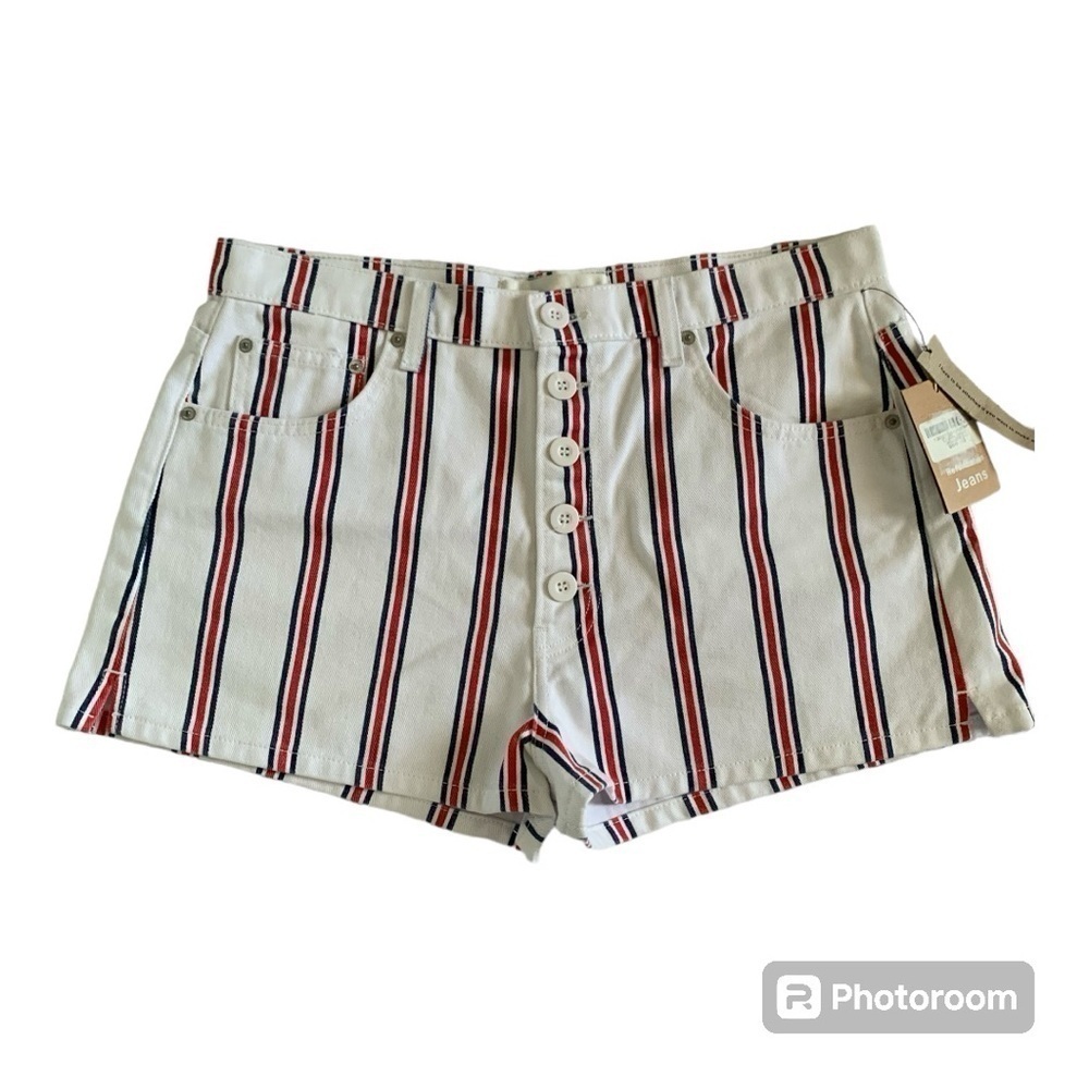 NWT Reformation Charlie White Blue Red Stripes Button Shorts in Size 31